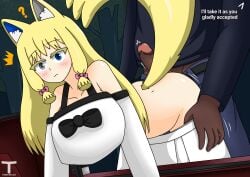 1boy 1girls black_hoodie black_penis black_skin blonde_female blonde_hair blue_eyes blue_pants comic comic_page comic_panel english_dialogue english_text female grey_eyes heterochromia male original_character panties_down penis pixiv_username skirt_down star_eyes tony_x_play tonyxplay white_shirt white_skin wolf_ears wolf_tail zatori_rau