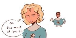 1boy 1boy1girl 1girls blonde_hair blue_clothing blue_eyes dialogue ediblplaydough english_text fantastic_four female husband_and_wife invisible_woman male marvel marvel_comics meme mr_fantastic not_porn reed_richards shapeshifter shapeshifting shitpost short_hair speech_bubble sue_richards sue_storm teapot text white_background