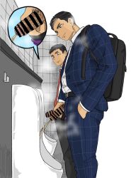 2boys backpack balls bathroom black_hair blush_lines flaccid formal_wear gay half-erect human imokuma looking_at_penis male male_only musk_clouds original_characters peeing penis penis_out penis_through_fly pubic_hair retracted_foreskin simple_background tagme textless urinal urine veiny_penis white_background yaoi