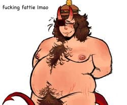 007n7_(forsaken) 1boy blush brown_hair burger_hat bushy_pubes chest_tattoo chubby_male devil_horns devil_tail embarrassed english_text fat_male forsaken_(roblox) glasses hairy_male male_focus male_only no_visible_genitalia nude_male octokisser69 roblox roblox_game robloxian self_upload solo solo_focus solo_male stretch_marks tagme