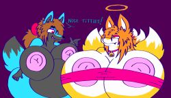 anthro big_breasts big_breasts breasts breasts breasts dahliathefox deity english_text furry furry_only hyper hyper_breasts kitsune nipples nude phylosophia_(elysios) text wolf wolfy_(dahliathefox)