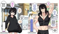 armpit_hair before_and_after belly_button_piercing black_sweater bulge_through_clothing clare_(erasethismail) cock_bulge douche erasethismail flat_chested gender_transformation genderswap genderswap_(ftm) height_growth himbo himbofication large_pectorals lip_piercing long_hair_male masculization mental_transformation muscle_growth muscular_male offscreen_character personality_change rule_63 short_female short_hair_female shorts silver_necklace tall_male tank_top transformation zipper_topwear