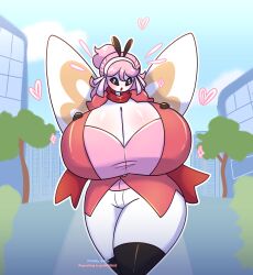 ass black_eyes breasts city city_background cleavage female female_only heart heart_eyes hearts_around_head huge_ass huge_breasts massive_breasts oddly_bally pia_(oddly_bally) pink_hair pokemon ribombee wings