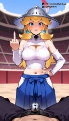 1boy ai_generated alternate_costume bare_shoulders blonde_hair blue_eyes blue_hakama blurry_background blush breasts bulge cleavage cleavage_cutout clothing_cutout crop_top cropped_sweater day detached_sleeves earrings erection female hakama hakama_skirt hand_on_own_hip helm helmet japanese_clothes jewelry large_breasts lips long_hair looking_at_viewer mario_(series) meme_attire middle_finger midriff mykibuu navel nintendo on_back outdoors pants parted_lips penis pov princess_peach skirt sleeveless sleeveless_turtleneck solo_focus sphere_earrings straight sweater thick_lips turtleneck white_sweater
