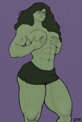 1girls 2024 2d abs artist_name female female_focus fit fit_female glasses grabbing_own_breast green_skin long_hair looking_at_viewer marvel marvel_comics miniskirt muscular_arms muscular_female muscular_thighs purple_background she-hulk solo solo_female veins wavy_hair ztr