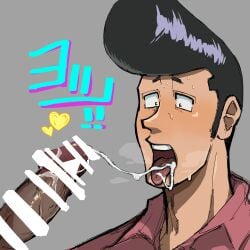 bara black_hair black_hair_male blowjob blush censored cum cum_from_penis cum_on_tongue delinquent face_closeup gay male/male male_only oral_sex panting penis pink_shirt pompadour sweat tagme tongue tongue_out whoa_uwu younger_male