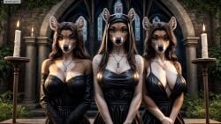 3girls ai_generated animal_ears anthro artist_name bare_shoulders black_dress black_gloves black_hair breasts brown_hair candle candlestand church cleavage cross dress elbow_gloves female_anthro furry furry_female gloves green_eyes hi_res high_resolution highres jewelry large_breasts long_hair looking_at_viewer multiple_girls necklace photorealistic realistic stable_diffusion strapless_dress twitter twitter_username watermark yiffyjiffy2 yiffyjiffy69