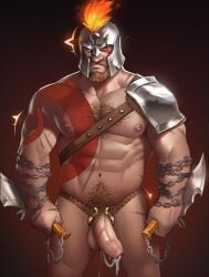 1boy balls bara beard big_balls big_penis body_hair cum cum_dripping_from_penis daddy dilf facial_hair god_of_war god_of_war_ragnarok hairy_chest helmet highpups kratos male male_nipples male_only male_pubic_hair manly mature_male muscular_male nipples nude penis solo solo_male