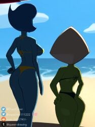 alien alien_girl beach big_ass big_breasts big_butt bikini bikini_bottom bikini_top blonde_female blonde_hair blue_body blue_skin cartoon_network fat_ass gem_(species) green_body green_skin hand_on_hip huge_ass lapis_lazuli_(gem) lapis_lazuli_(steven_universe) peridot_(gem) peridot_(steven_universe) pose small_breasts smaller_female steven_universe tall_female taller_girl u/hugo_espectro1- yellow_bikini yellow_hair