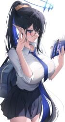 alternate_hairstyle backpack big_breasts black_hair blue_archive blue_eyes blue_eyeshadow blue_hair blue_tie blush blush blush_lines earrings elf_ears exposed_thighs eyelashes eyeliner fringe fringe_hair general_student_council_(blue_archive) glasses gold_hair_ornament halo hand_holding_object hand_on_face large_breasts lipstick long_ears long_ponytail mascara miniskirt office_clothing pink_lipstick ponytail rin_(blue_archive) round_breasts round_glasses school_uniform semi-transparent_top shiny_lips shirt star_earrings thin_female thin_waist tie tied_hair translucent_clothing two_tone_hair white_background white_shirt