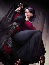 crossed_legs dark_hair dark_sclera dress earrings golden_eyes high_heels large_breasts light-skinned_female lipstick looking_at_viewer looking_down nextoad sitting smirk wine_glass