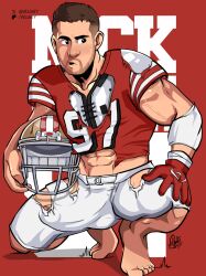 bara beard big_bulge bulge bulge_through_clothing clothing erection_under_clothes football_helmet football_player football_uniform lad male male_only manly mature_male muscular_male nick_bosa penis penis_outline sweat sweating tight_clothing tough_guy velgaty