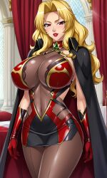 ai_generated alicia_viewstream blonde_female blonde_hair blush bodystocking bodysuit breasts cape curvaceous curvy curvy_body curvy_female curvy_figure female female_focus female_only gloves hi_res huge_breasts indoors kangoku_senkan kangoku_senkan_2 large_breasts light-skinned_female light_skin lilith-soft lips lipstick red_eyes royalty solo solo_female solo_focus taimanin_(series) thick_thighs thighs voluptuous voluptuous_female