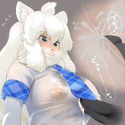 1boy ahoge animal_ear_fluff animal_ears blank_censor blue_necktie blush breasts button_gap censored commentary_request covered_nipples cum cum_on_body cum_on_breasts ejaculation elbow_gloves female gloves grey_background grey_eyes hair_between_eyes heart heart_in_eye highres huge_breasts kemono_friends large_breasts lets0020 lion_ears lion_girl long_hair looking_at_penis looking_down medium_bangs necktie no_bra numbered open_mouth paizuri paizuri_under_clothes penis plaid_necktie shirt short_sleeves simple_background solo_focus straight symbol_in_eye upper_body very_long_hair white_gloves white_hair white_lion_(kemono_friends) white_shirt