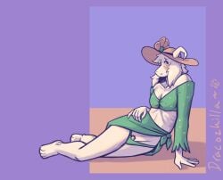 anthro asriel_dreemurr beach bikini biped blush boss_monster_(undertale) bovid caprine chastity_cage chastity_device clothing deltarune dracozhilla femboy feminine_pose flower genitals goat hand_on_hip hat headgear headwear hi_res looking_at_viewer lounging male male_anthro mammal penis plant small_penis solo sun_hat swimwear two-piece_swimsuit undertale undertale_(series)