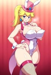 2d ai_generated blonde_hair blue_eyes blush bunnysuit cleavage earrings fake_rabbit_ears female fishnet_stockings kokoyone large_breasts looking_at_viewer mario_(series) princess_peach smile super_mario_bros. tophat