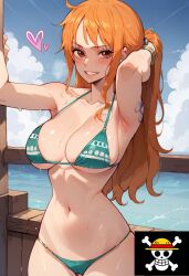 1girls ai_generated bare_arms bare_legs bare_shoulders bare_thighs big_breasts bikini bikini_bottom bikini_top blush clothed clothing color female female_focus female_only hi_res large_breasts light-skinned_female light_skin long_hair looking_at_viewer nami nami_(one_piece) one_piece orange_eyes orange_hair post-timeskip santaclausai sea shounen_jump solo solo_female tagme tattoo thick_thighs wet