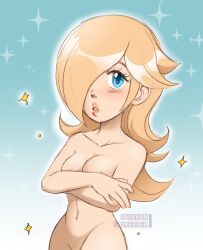 1girls blonde_hair blue_eyes breasts casual_nudity covering_breasts enf female female_only gazkerber hair_over_one_eye long_hair mario_(series) navel nintendo nude princess_rosalina solo super_mario_galaxy tagme