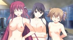 3girls black_hair blue_eyes bow breasts brown_hair closed_eyes erect_nipples female grisaia_no_kajitsu irisu_makina large_breasts long_hair medium_breasts multiple_girls nipples nude on_model open_mouth oppai pink_hair purple_eyes red_eyes sakaki_yumiko small_breasts smile suou_amane teenage_girl teenager topless