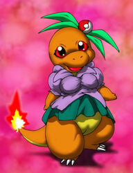 abstract_background anthro anthrofied bottomless breasts charmander clothed clothes female half-dressed looking_at_viewer miniskirt moroq nintendo open_mouth pokémon_(species) poke_ball pokemon pokemorph pussy scalie semi-anthro shadow shirt skirt solo standing tongue tongue_out