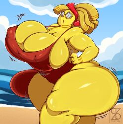 baywatch_(cosplay) baywatch_(franchise) bbw big_ass big_breasts bikini breasts bubble_butt cleavage fat_ass female gholdengo huge_ass huge_breasts one-piece_swimsuit pokemon superix thick_thighs wide_hips yellow_skin