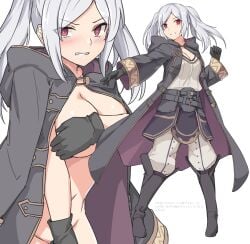 1girls angry black_footwear black_gloves blush boots breasts cape cleavage cloak covering_breasts covering_crotch covering_privates eyes_visible_through_hair female fire_emblem fire_emblem_awakening fire_emblem_heroes gloves grima_(fire_emblem) groin hood jacket large_breasts long_hair long_sleeves looking_at_viewer multiple_views naked_cape navel nintendo nude pants parted_bangs red_eyes robin_(female)_(fire_emblem) robin_(fire_emblem) robin_(fire_emblem)_(female) shirt shiseki_hirame simple_background skirt teeth translation_request twintails white_background white_pants white_shirt