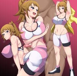 1boy armpit_sex armpits ass bare_shoulders bike_shorts blue_eyes breasts brown_hair buttjob buttjob_over_clothes covered_buttjob full_body grinding gundam gundam_build_fighters gundam_build_fighters_try highres hoshino_fumina huge_ass large_breasts long_hair looking_back midriff penis penis_on_ass ponytail ptrj4222 red_background solo_focus sports_bra sweat