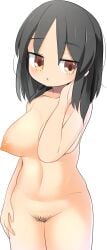 :o black_hair black_pubic_hair breasts completely_nude cookie_(touhou) cowboy_shot expressionless female female_pubic_hair hakurei_reimu hand_in_own_hair highres large_breasts lets0020 looking_at_viewer medium_bangs medium_hair nipples nude open_mouth pubic_hair pussy sananana_(cookie) simple_background solo touhou transparent_background yellow_eyes