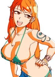 3amsoda bikini bikini_top breasts clevage female female_only jeans nami one_piece open_mouth orange_eyes orange_hair post-timeskip solo tagme