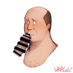bald_man bara bill_dauterive blush censored chest_hair chubby embarrassed face_closeup gay king_of_the_hill male/male male_only middle_aged middle_aged_male older_male penis penis_on_lips sweat tagme white_background whoa_uwu