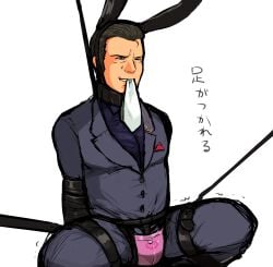 07th_expansion 1boy arms_bound black_hair black_hair_male bondage bound bunny_boy bunny_ears_(cosmetic) chastity_belt collar fully_clothed male male_only masculine middle_aged middle_aged_male older_male rudolf_ushiromiya solo spread_legs suit_and_tie sweat tagme tie_in_mouth umineko_no_naku_koro_ni w.i.t? white_background whoa_uwu