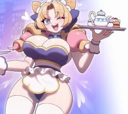 1girls big_breasts blonde_hair blue_eyes busty cafe_cutie_gwen cafe_cuties_series cake clothing female female_only food gwen_(league_of_legends) heart highres large_breasts league_of_legends lingerie looking_at_viewer maid maid_headdress open_mouth partially_clothed pink_hair ribbon riot_games simple_background smile smiling smiling_at_viewer strongbana thick_thighs thighhighs thighs tight_clothing twintails two-tone_hair white_female wink winking winking_at_viewer