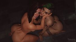 2girls 3d ambus3d blender blender_(software) blender_cycles breasts cyberpunk cyberpunk_2077 dyed_hair eye_contact eyelashes female female_only hair hd hi_res highres human judy_alvarez kneeling landscape lesbian_couple multiple_girls naked nipples no_bra no_panties nude nude_female perky_breasts red_hair seductive seductive_look self_upload short_hair simple_background tattoo thick_thighs topless touching v_(cyberpunk_2077) valerie_(cyberpunk_2077) yuri