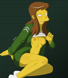 1girls areolae breasts brown_hair female female_only freako laura_powers long_hair nipples open_clothes open_shirt shirt shirt_lift sitting smile socks solo the_simpsons yellow_skin