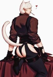 1boy 1dilf assless_pants bara cat_boy cat_ears cat_humanoid cat_tail catboy clothing dante dante_(devil_may_cry) devil_may_cry devil_may_cry_4 dilf facial_hair handsome handsome_man light-skinned_male looking_at_viewer male_only mature_male older_male pants thong white_hair