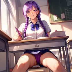 ai_generated braids classroom macorony panties purple_eyes purple_hair school school_uniform schoolgirl seductive_smile sitting smile under_the_table