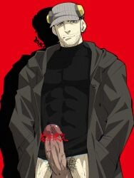 1boy bara baseball_cap bottomless censored censored_by_text coat come_hither covered_abs cowboy_shot erection facial_hair girthy_penis grey_hair hands_in_pockets hat headphones highres iwai_munehisa large_pectorals long_sideburns looking_at_viewer male_focus male_only male_pubic_hair muscular muscular_male pectorals penis persona persona_5 presenting_penis pubic_hair shirako_(kirupi) shirt short_hair sideburns solo standing stubble tight_clothes tight_shirt tsurime
