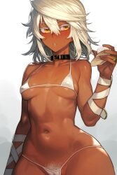 ai_generated bikini blonde_hair blush dark-skinned_female female micro_bikini ramlethal_valentine skinny small_breasts wide_hips yellow_eyes