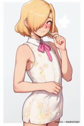 ai_generated artificial_intelligence blonde_hair dress femboy floral_dress looking_at_viewer rqueirozbr short_hair smiling trap