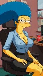 1girls ai_generated blue_hair breasts cleavage computer computer_chair computer_keyboard computer_mouse desk female female_only glasses hourglass_figure human indoors looking_at_viewer marge_simpson sitting soda_can solo solo_female the_simpsons voluptuous voluptuous_female window yellow_skin