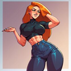 1girls abs ai_generated disney female female_only jeans kim_possible kimberly_ann_possible midriff nipples_visible_through_clothing non-web_source poosan red_head solo tagme zrhap