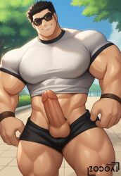 1boy ai_generated balls bara beard_stubble big_balls big_penis black_hair bulge clothed clothed_male clothing erection gay looking_at_viewer lucas_lee male male_only muscular_male penis penis_out scott_pilgrim smile solo solo_male thick_thighs tight_clothing zodoai