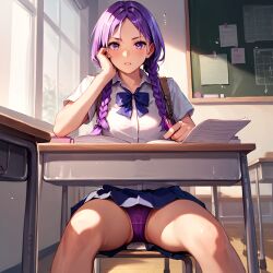 ai_generated braids classroom macorony panties purple_eyes purple_hair school school_uniform schoolgirl sitting under_the_table