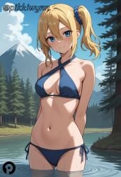 ai_generated arms_behind_back bangs bare_arms bare_shoulders bikini blonde_hair blue_bikini blue_eyes blue_scrunchie blue_sky blush breasts cleavage closed_mouth cloud collarbone cowboy_shot criss-cross_halter day female hair_between_eyes hair_ornament hair_scrunchie halterneck hayasaka_ai kaguya-sama_wa_kokurasetai_~tensai-tachi_no_renai_zunousen~ long_hair looking_at_viewer medium_breasts mountain navel outdoors pikkiwynn scrunchie side-tie_bikini_bottom side_ponytail sidelocks sky smile solo standing stomach string_bikini swimsuit tree wading water wet