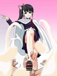 1boy 1boy1girl 1girls asian_female bangs barefoot belt black_hair butterfly_hair_ornament cape cum dark_dress demon_slayer ejaculation faceless_male feet female femdom foot_fetish footjob full_body fully_clothed gradient_background kimetsu_no_yaiba legs long_legs looking_down low-angle_view male nush_advance pink_background ponytail side_ponytail smile soles standing standing_on_one_leg standing_over_viewer standing_sex stepping_on_penis teenager toes tsuyuri_kanao unexpected_dom uniform upskirt