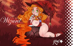 ass cleavage curly_hair curvy dwarf dwarf_female female freckles glasses green_eyes high_heels huge_ass original red_hair rol_(artist) shiny sucking witch wizard_cap