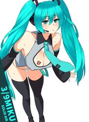 blue_eyes blue_hair cleavage cleavage_cutout female hatsune_miku navel open_chest panties skindentation sleeves solid_air solo sweat thighhighs tie tied_hair twintails vocaloid