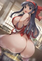 1girls ai_generated ass big_ass big_breasts black_hair bottomless breasts busty butt_crack fat_ass female female_only grey_eyes hair_ribbon highres king_of_fighters large_breasts legs long_hair naked_apron nakoruru open_mouth peeing peeing_into_container pubic_hair purple_eyes pussy ribbon samurai_shodown sideboob smile snk solo solo_female squatting thick_thighs thighs voluptuous