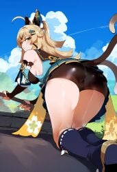 ai_generated ass bent_over bike_shorts brown_hair cat_ears catgirl detached_sleeves from_behind genshin_impact green_eyes kirara_(genshin_impact) medium_breasts novelai nyandere oerba_yun_fang outdoors ratatatat74_(ai_style) shorts tail thiccwithaq_(ai_style) thighs