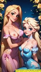 2girls ai_generated ai_sluts breasts_out disney elsa_(frozen) rapunzel smile